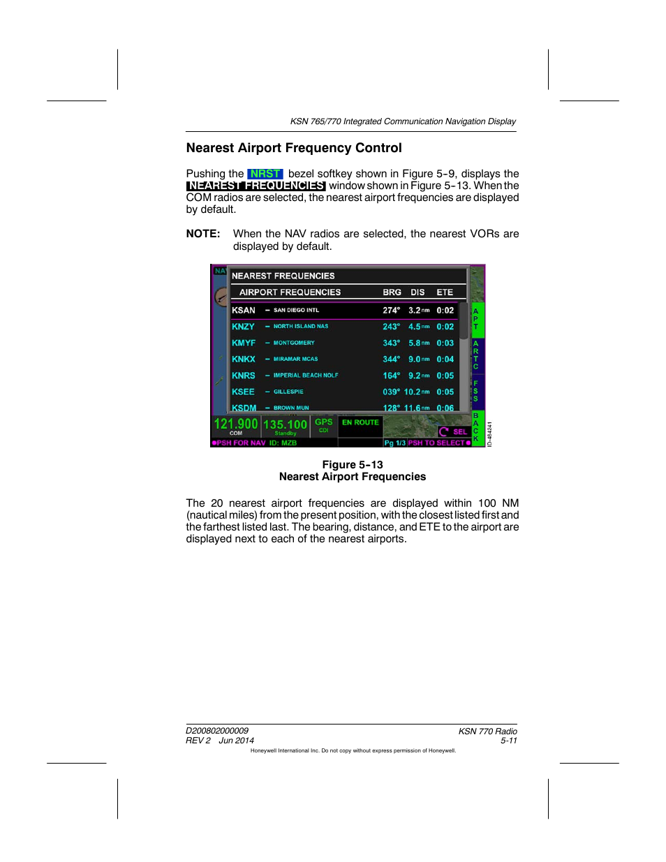 Figure 5-13 nearest airport frequencies, Nearest airport frequency control | BendixKing KSN 770 - Pilots Guide User Manual | Page 93 / 467