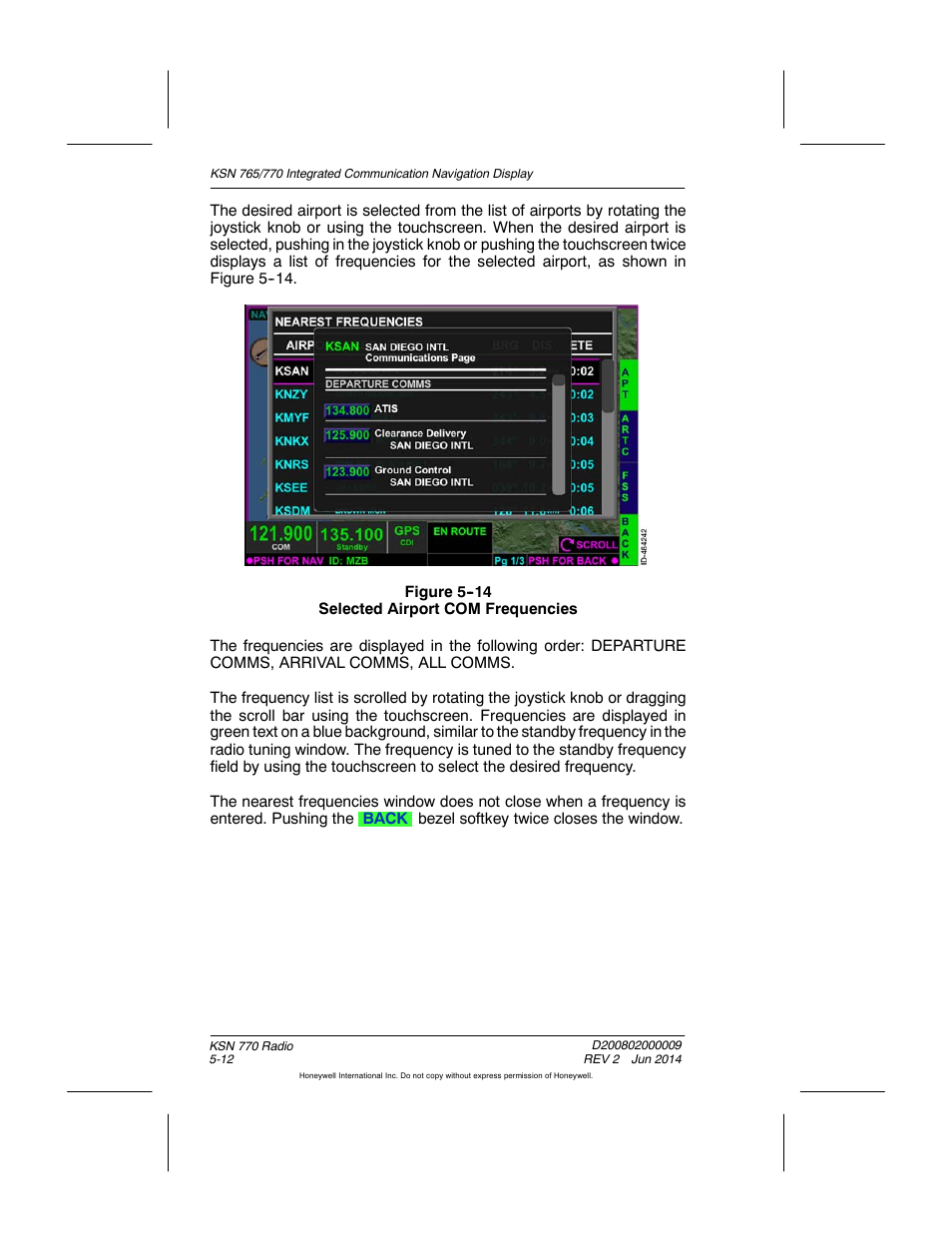 Figure 5-14 selected airport com frequencies | BendixKing KSN 770 - Pilots Guide User Manual | Page 94 / 467
