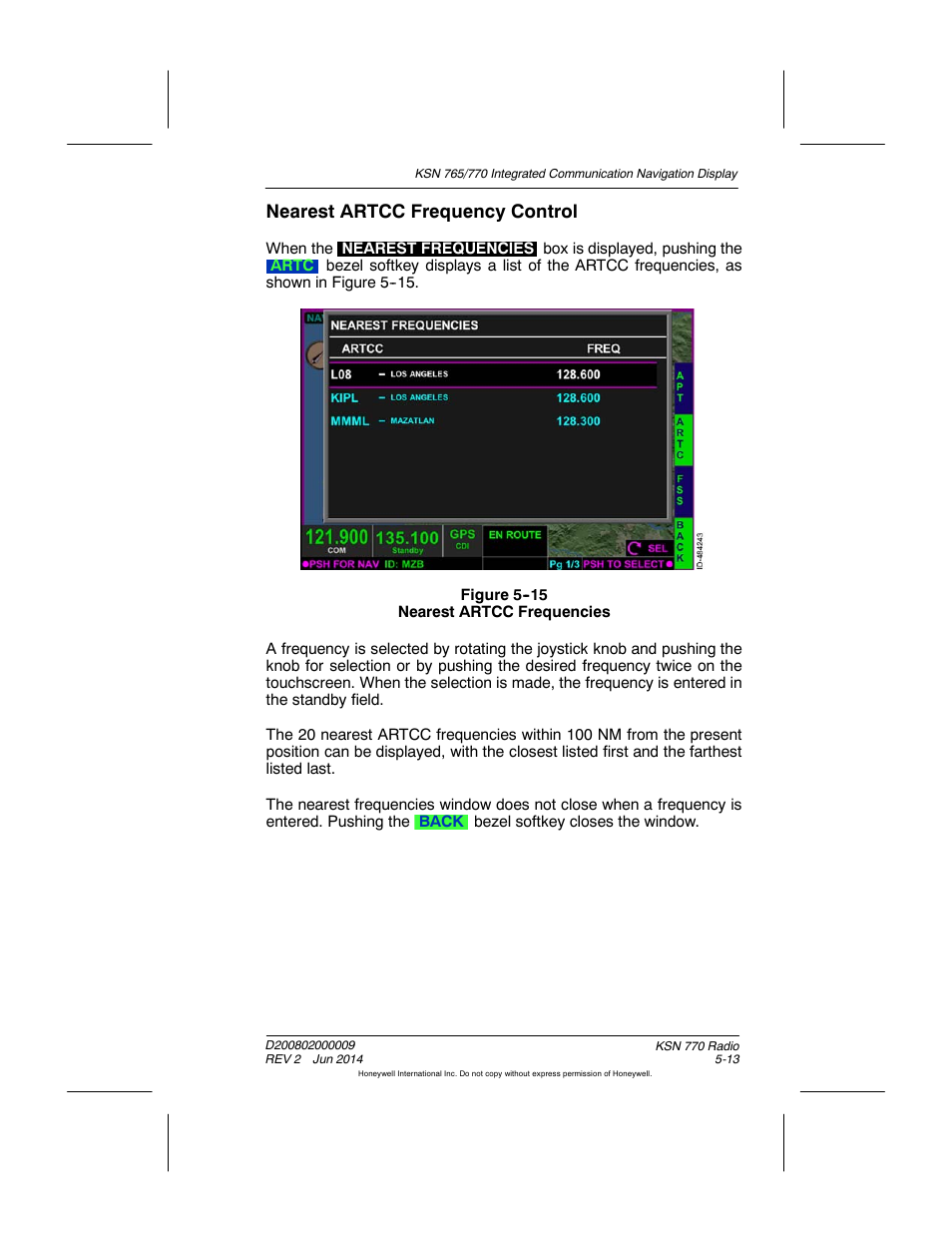 Figure 5-15 nearest artcc frequencies, Nearest artcc frequency control | BendixKing KSN 770 - Pilots Guide User Manual | Page 95 / 467