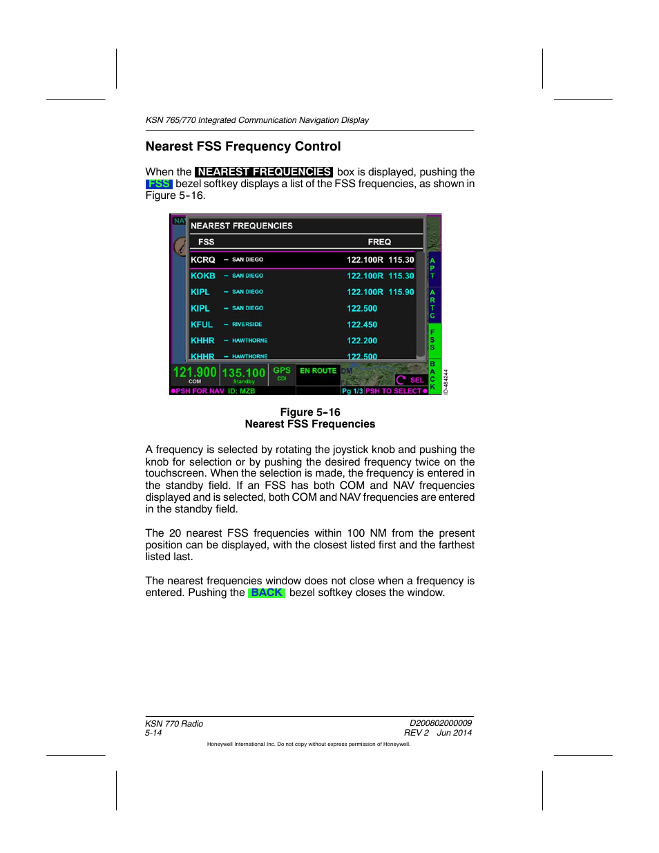 Figure 5-16 nearest fss frequencies, Nearest fss frequency control | BendixKing KSN 770 - Pilots Guide User Manual | Page 96 / 467