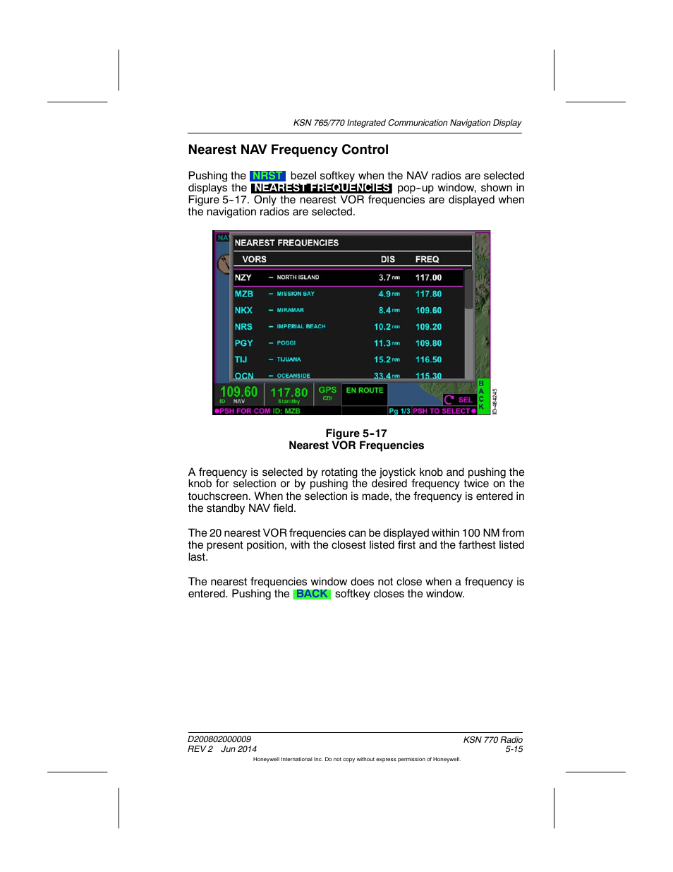 Figure 5-17 nearest vor frequencies, Nearest nav frequency control | BendixKing KSN 770 - Pilots Guide User Manual | Page 97 / 467