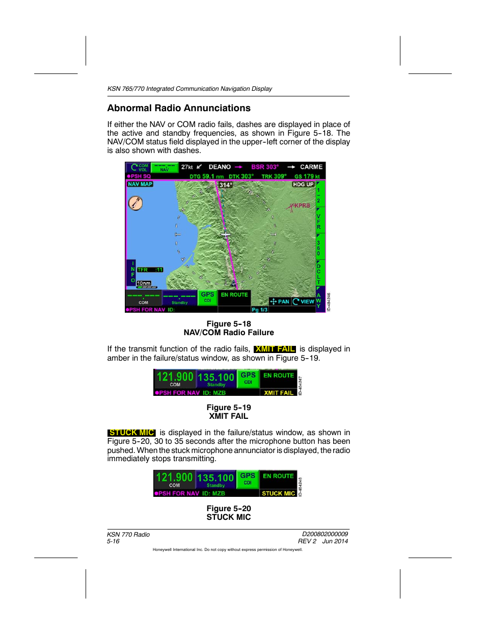 Figure 5-18 nav/com radio failure, Figure 5-19 xmit fail, Figure 5-20 stuck mic | Abnormal radio annunciations | BendixKing KSN 770 - Pilots Guide User Manual | Page 98 / 467