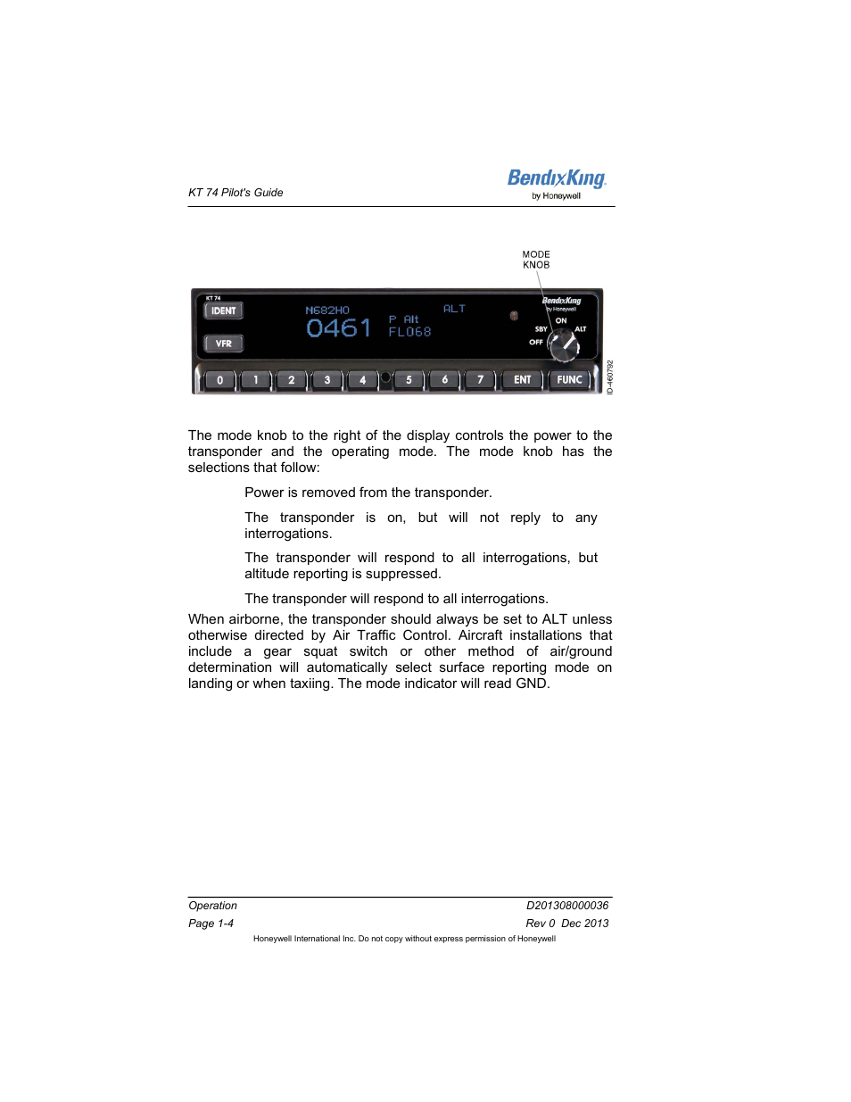 4 mode knob, Mode knob -4, Figure 1-3: mode knob -4 | On 1.4 | BendixKing KT 74 User Manual | Page 10 / 17