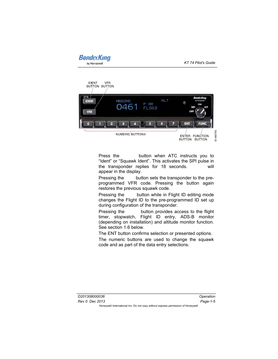 5 push buttons, Push buttons -5, Figure 1-4: push buttons -5 | BendixKing KT 74 User Manual | Page 11 / 17
