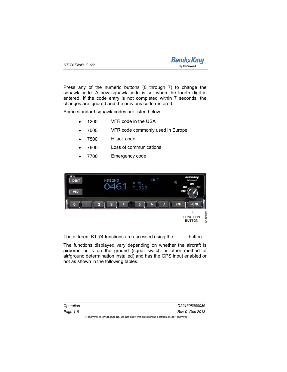 Squawk code entry, 6 functions, Squawk code entry -6 | Functions -6, Figure 1-5: functions -6, On 1.6 | BendixKing KT 74 User Manual | Page 12 / 17