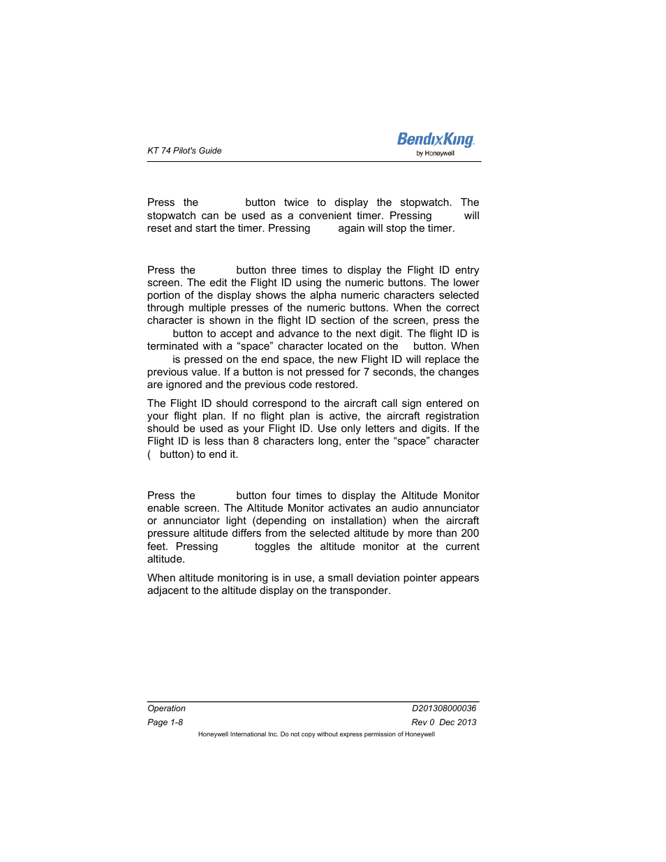Stopwatch, Flight id entry, Altitude monitor | Stopwatch -8, Flight id entry -8, Altitude monitor -8, Ee flight id entry, Ee altitude monitor | BendixKing KT 74 User Manual | Page 14 / 17
