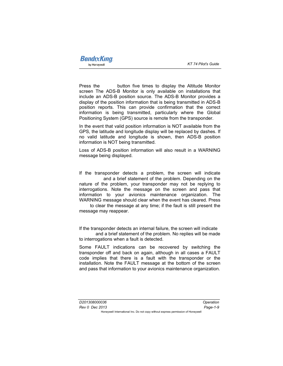 Ads-b monitor, 7 warning messages, 8 fault annunciation | Ads-b monitor -9, Warning messages -9, Fault annunciation -9 | BendixKing KT 74 User Manual | Page 15 / 17