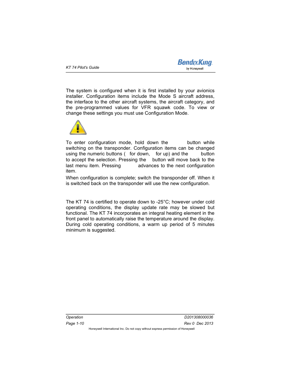 9 configuration mode, 10 low temperature operation, Configuration mode -10 | Low temperature operation -10 | BendixKing KT 74 User Manual | Page 16 / 17