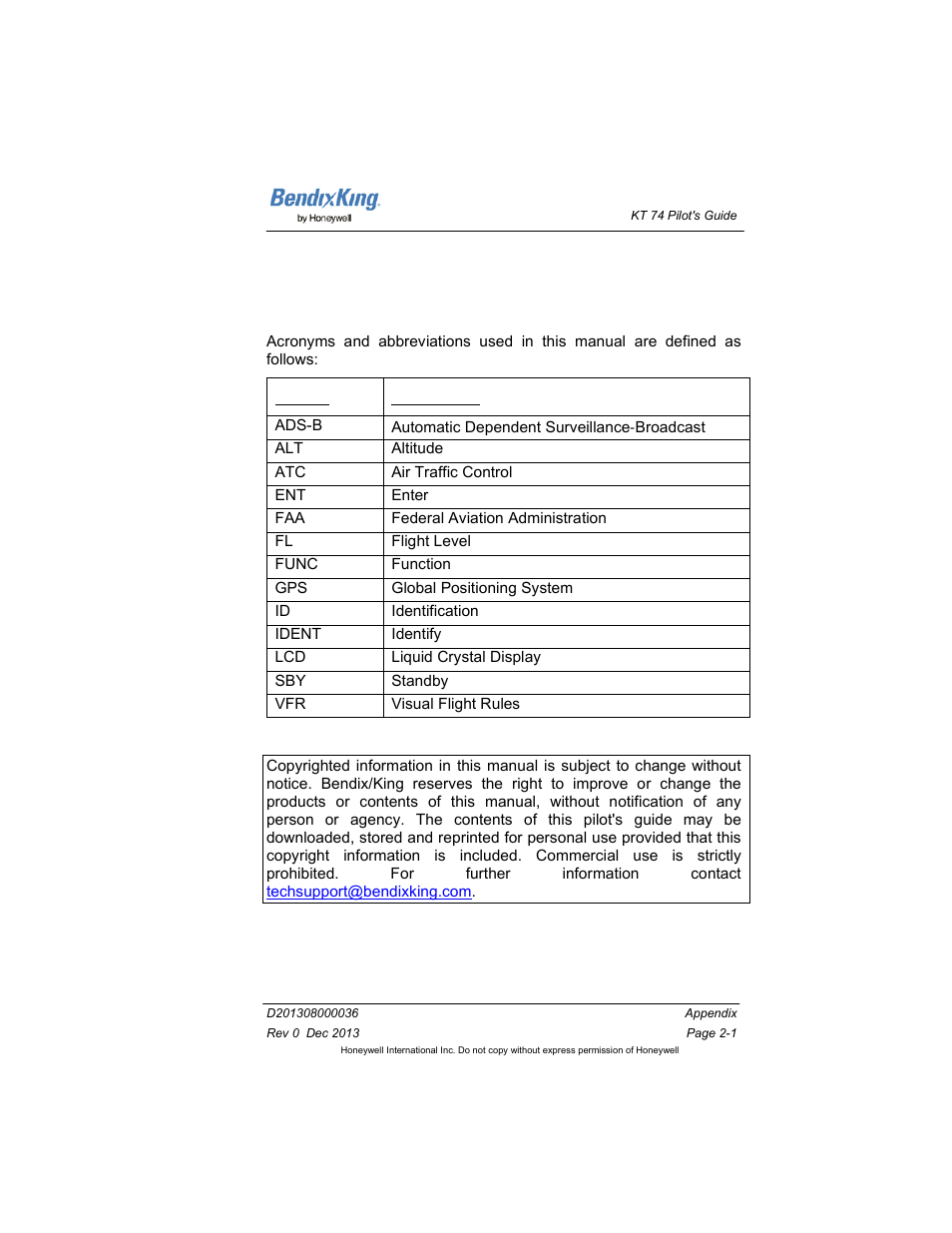 Appendix, 1 acronyms and abbreviations, Appendix -1 | Acronyms and abbreviations -1 | BendixKing KT 74 User Manual | Page 17 / 17