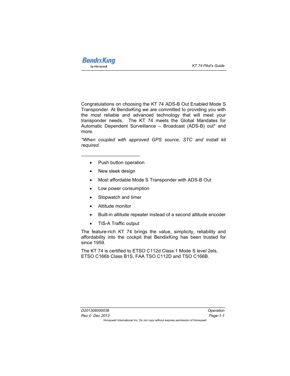 Operation, 1 introduction, Operation -1 | Introduction -1 | BendixKing KT 74 User Manual | Page 7 / 17