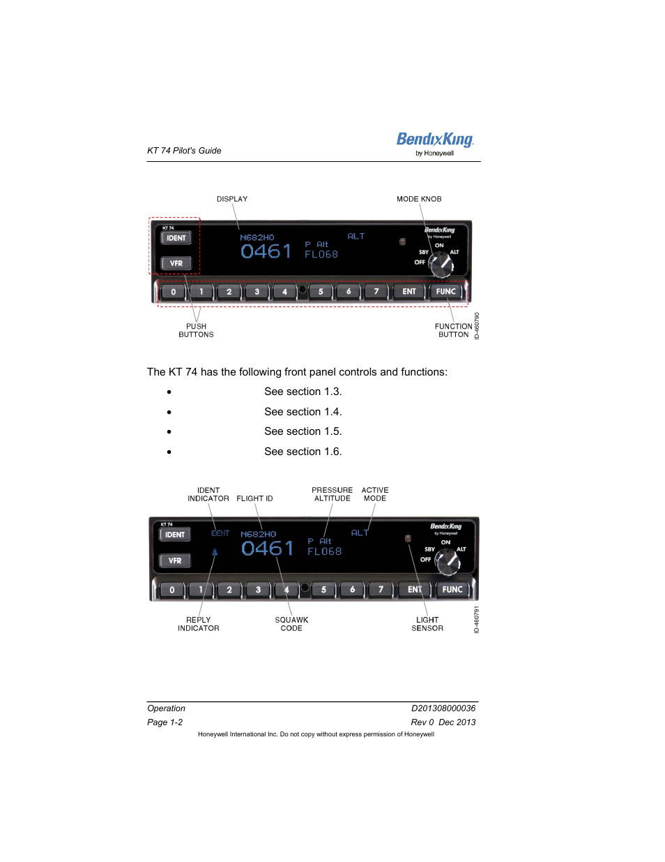 2 front panel controls and functions, 3 display, Front panel controls and functions -2 | Display -2, Figure 1-1: front panel controls and functions -2, Figure 1-2: display -2 | BendixKing KT 74 User Manual | Page 8 / 17