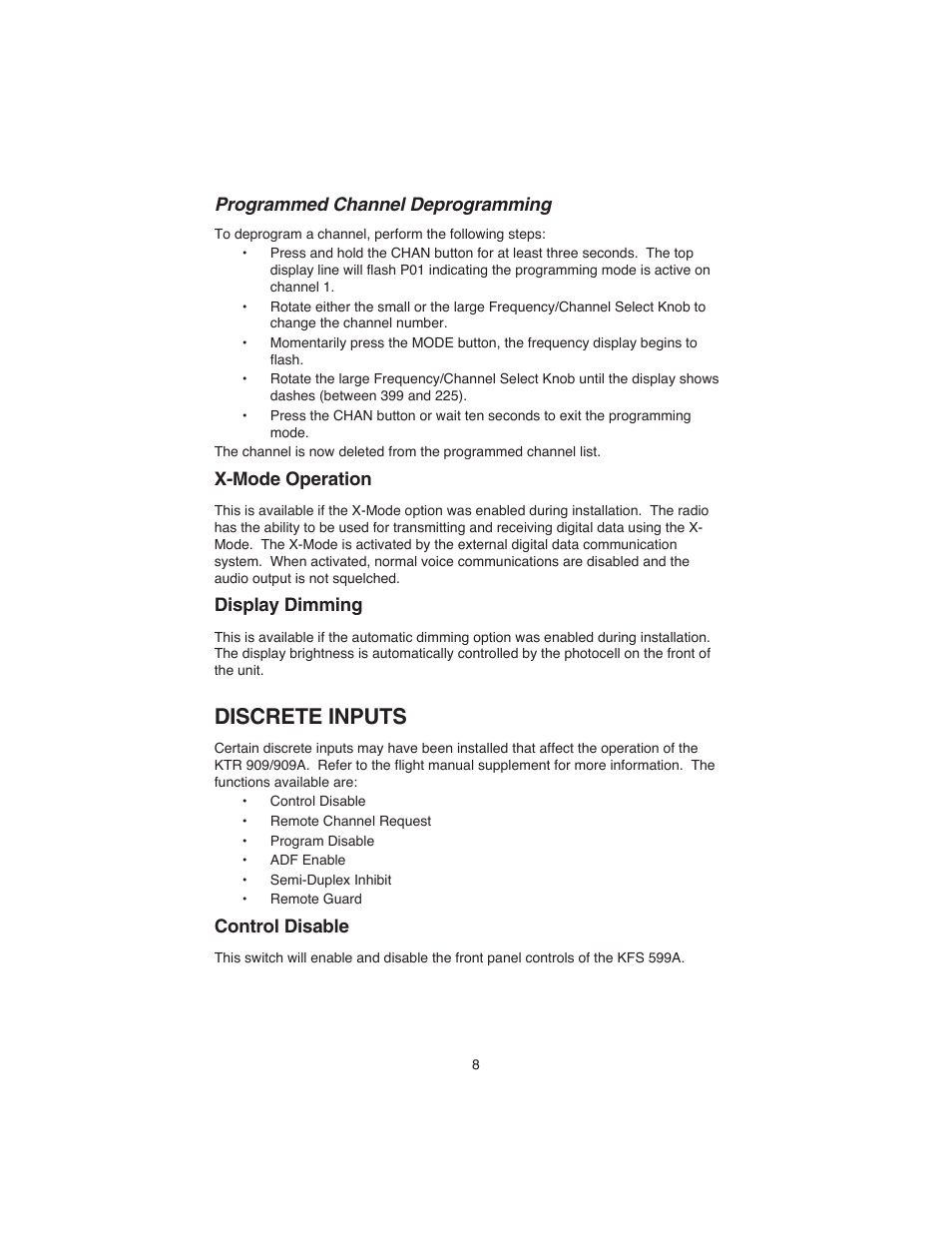 Programmed channel deprogramming, X-mode operation, Display dimming | Discrete inputs, Control disable | BendixKing KTR 909A User Manual | Page 10 / 13