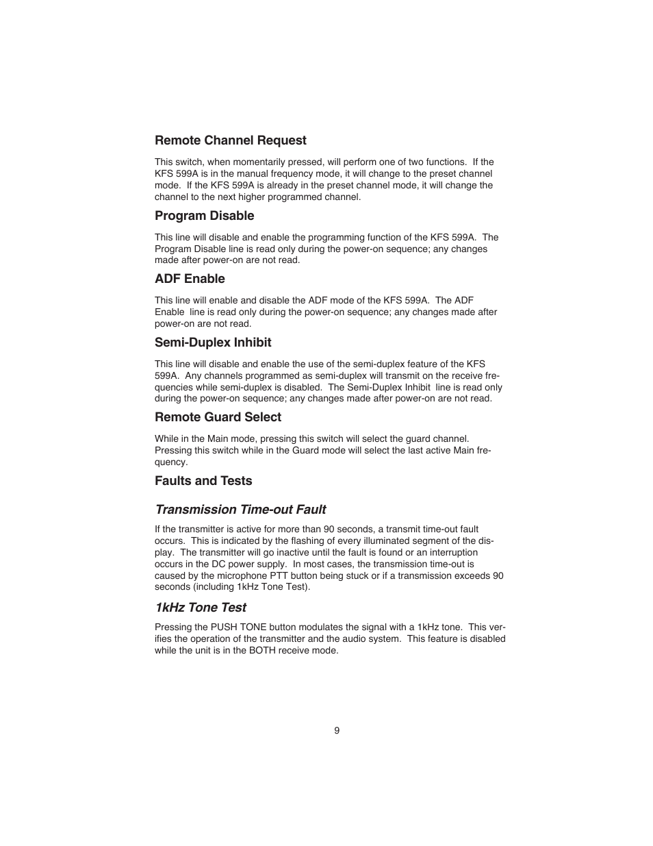 Remote channel request, Program disable, Adf enable | Semi-duplex inhibit, Remote guard select, Faults and tests, Transmission time-out fault, 1khz tone test | BendixKing KTR 909A User Manual | Page 11 / 13