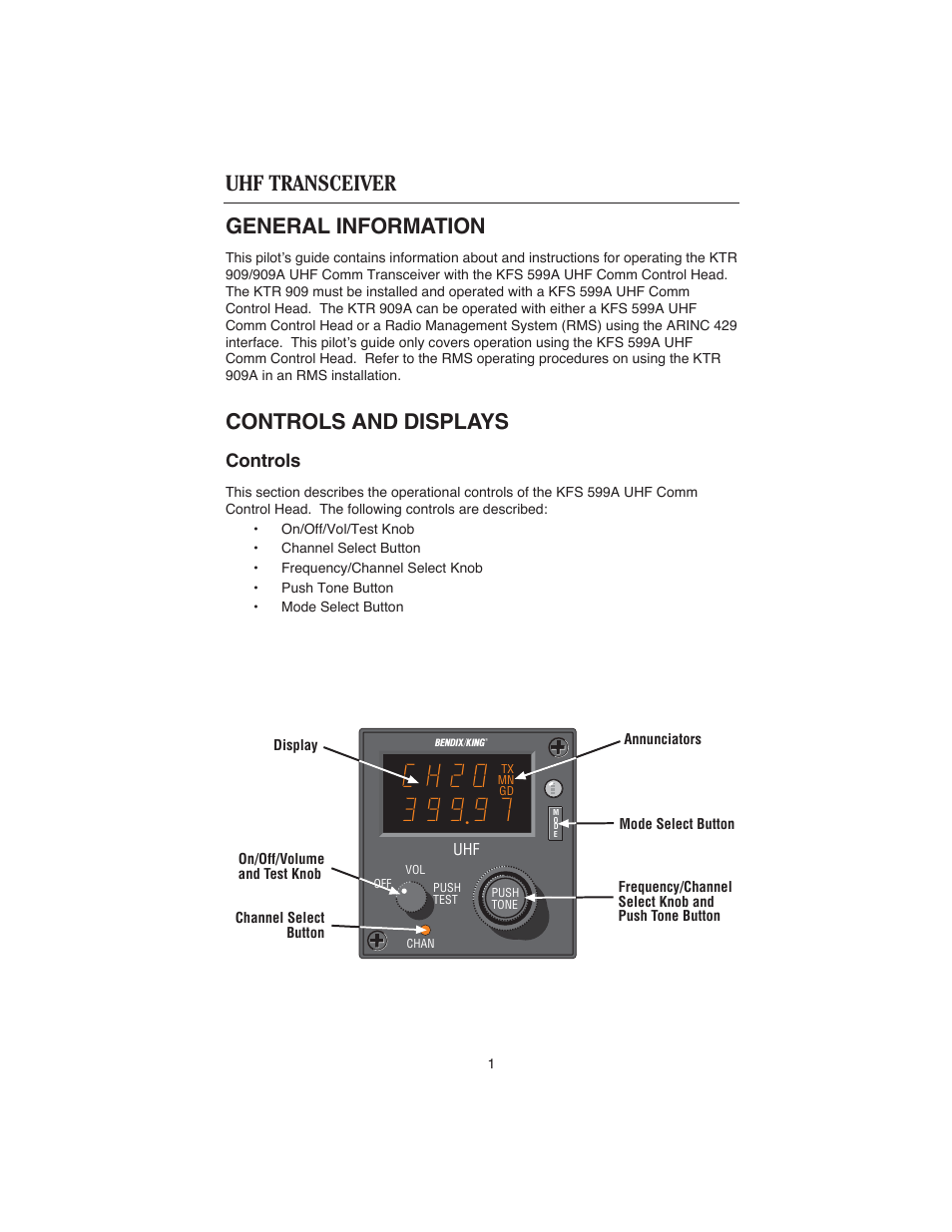 General information, Controls and displays, Controls | Uhf transceiver | BendixKing KTR 909A User Manual | Page 3 / 13
