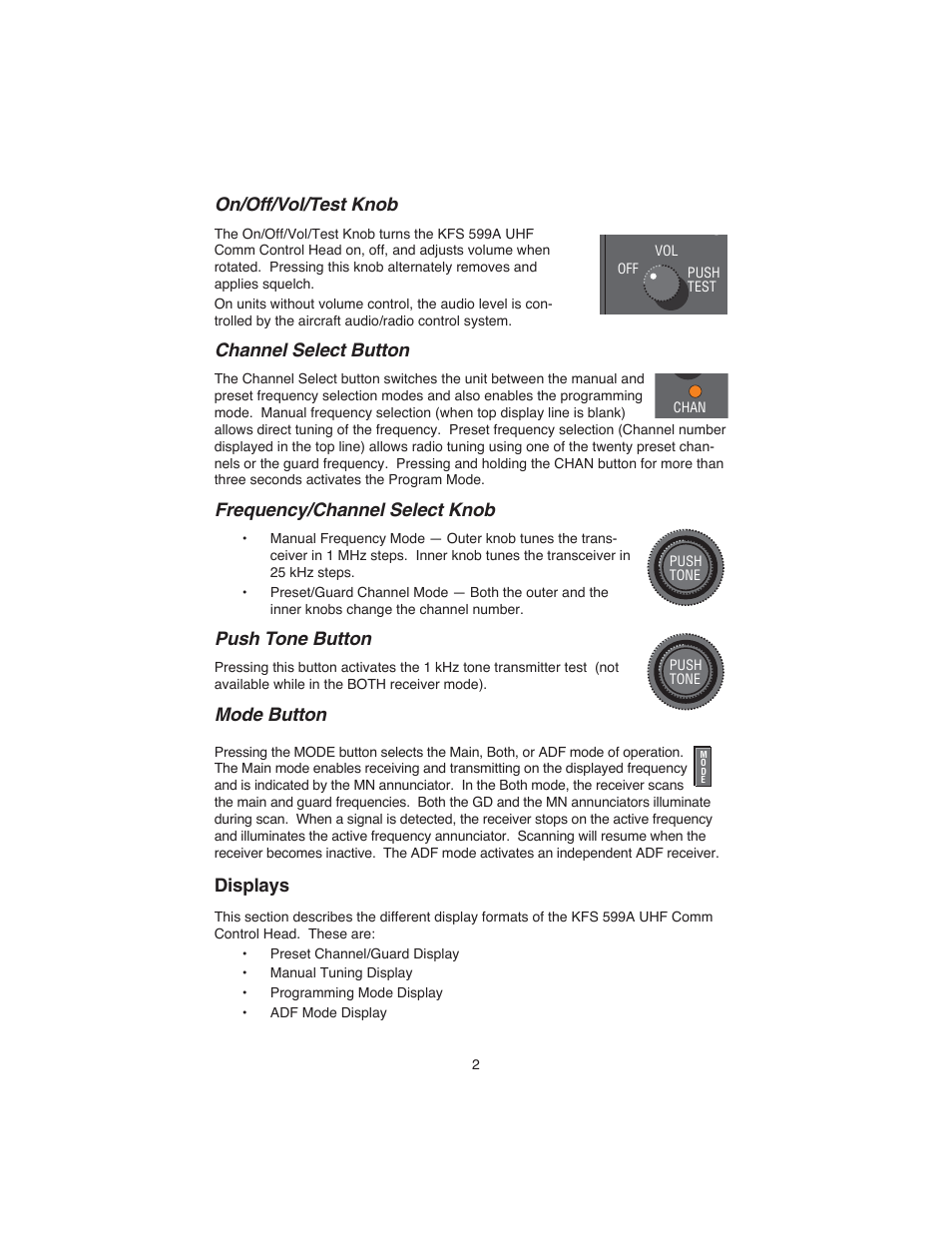 On/off/vol/test knob, Channel select button, Frequency/channel select knob | Push tone button, Mode button, Displays | BendixKing KTR 909A User Manual | Page 4 / 13