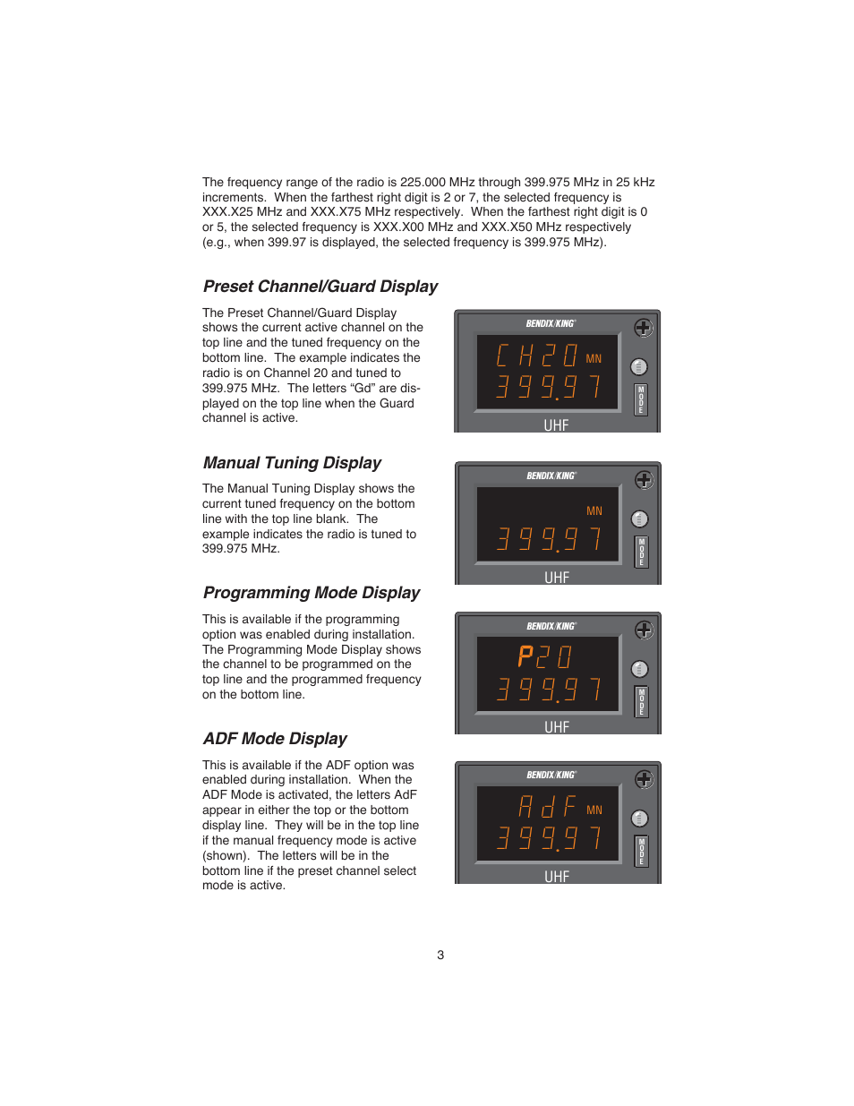 Preset channel/guard display, Manual tuning display, Programming mode display | Adf mode display | BendixKing KTR 909A User Manual | Page 5 / 13