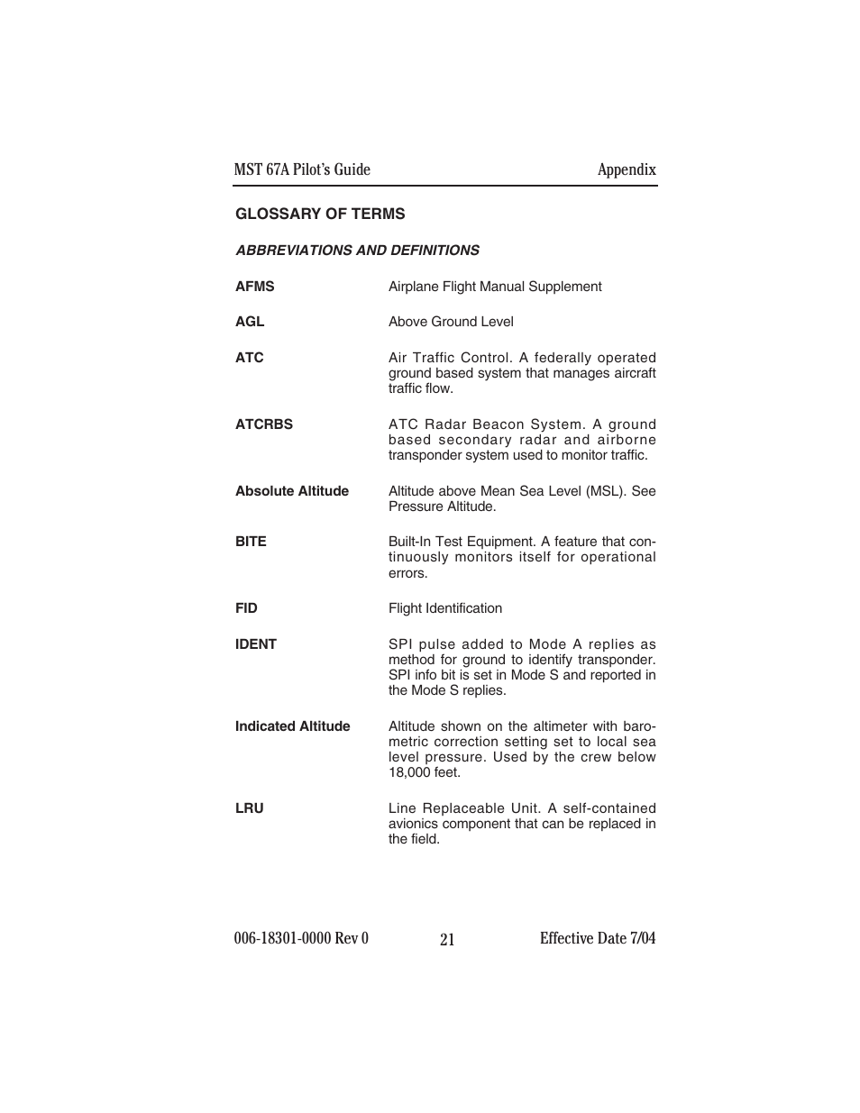 Glossary of terms | BendixKing MST 67A User Manual | Page 25 / 27