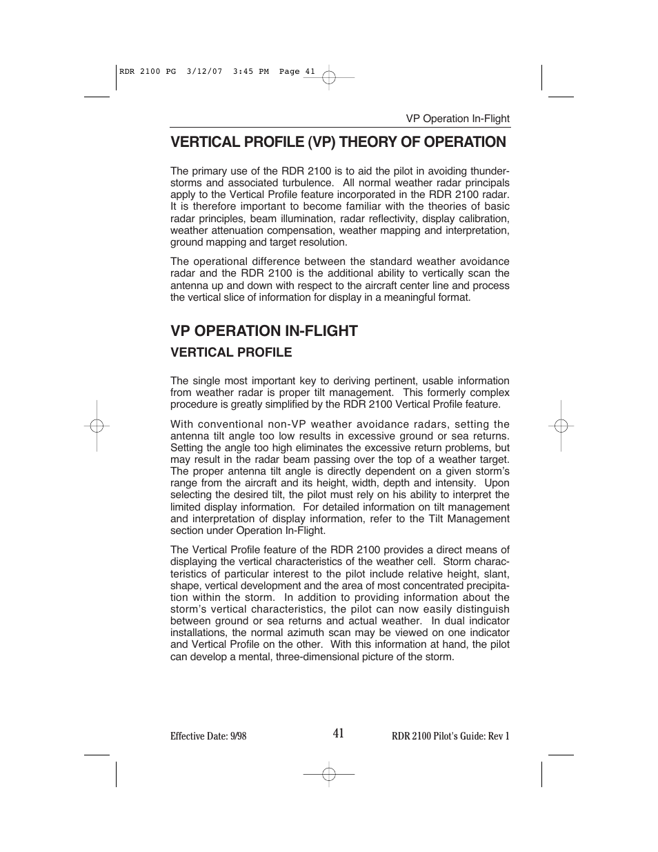 Vertical profile (vp) theory of operation, Vp operation in-flight | BendixKing IN-862A System RDR-2100 User Manual | Page 45 / 74
