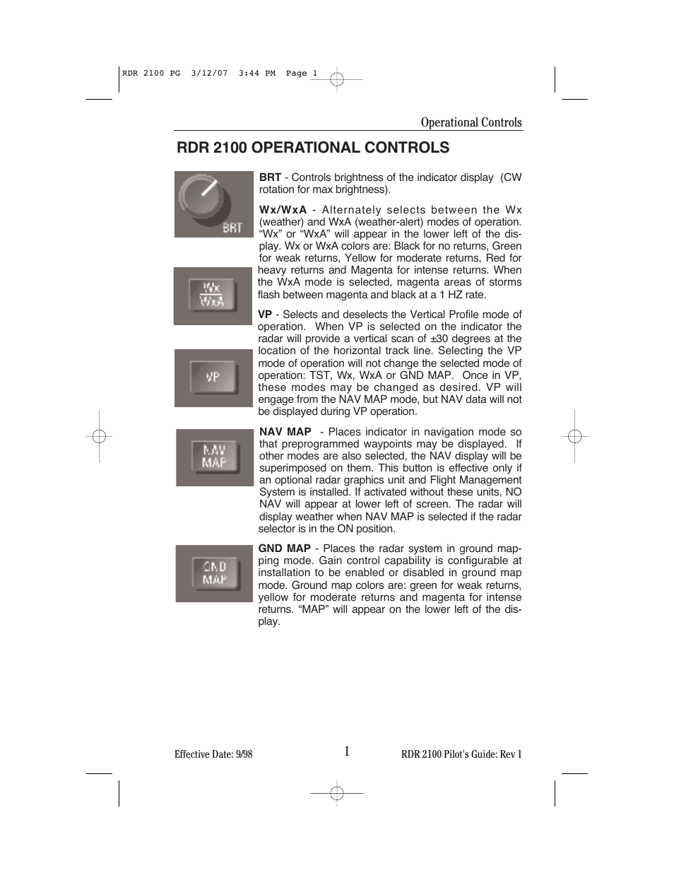 Rdr 2100 operational controls | BendixKing IN-862A System RDR-2100 User Manual | Page 5 / 74