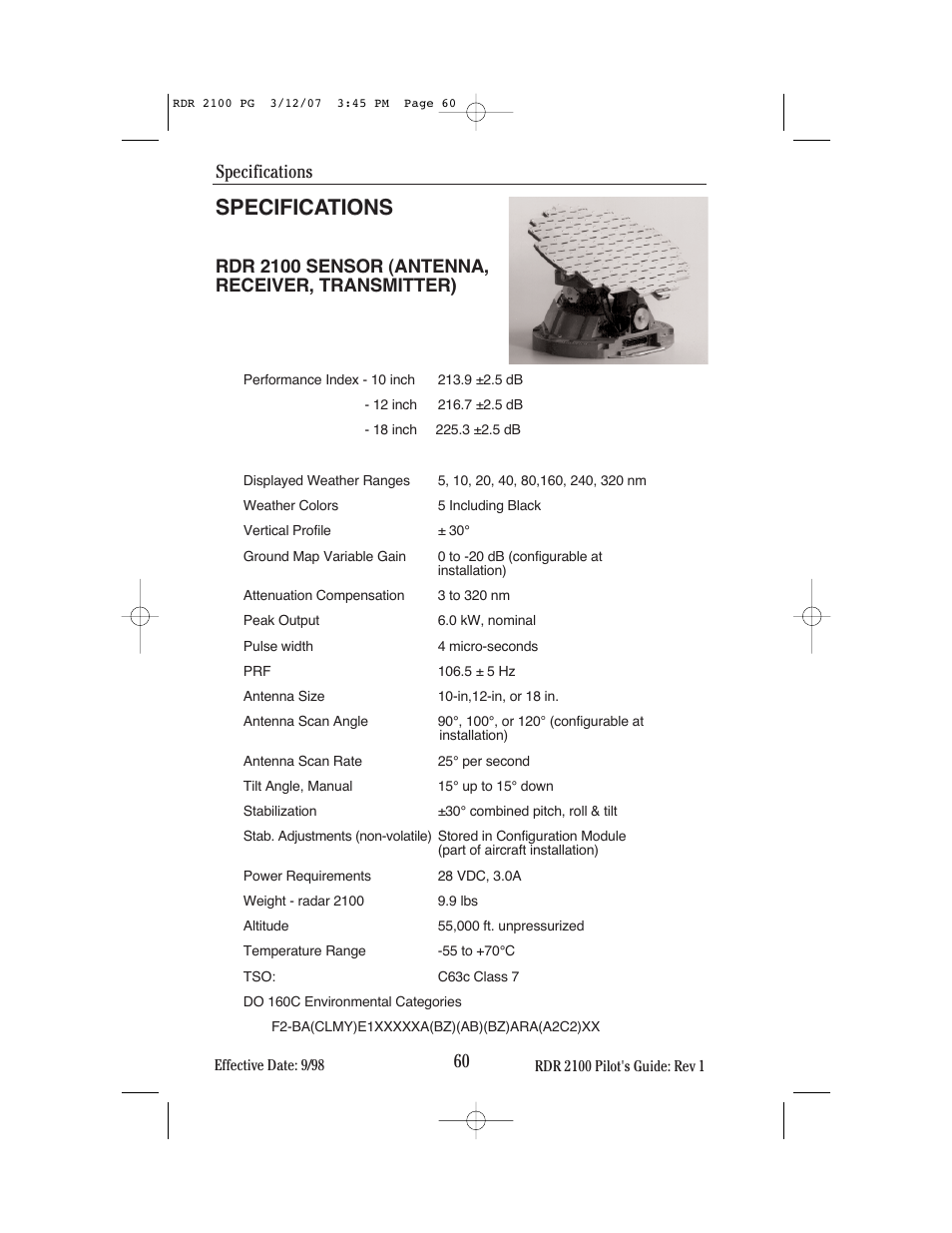 Specifications, Rdr 2100 sensor (antenna, receiver, transmitter) | BendixKing IN-862A System RDR-2100 User Manual | Page 64 / 74