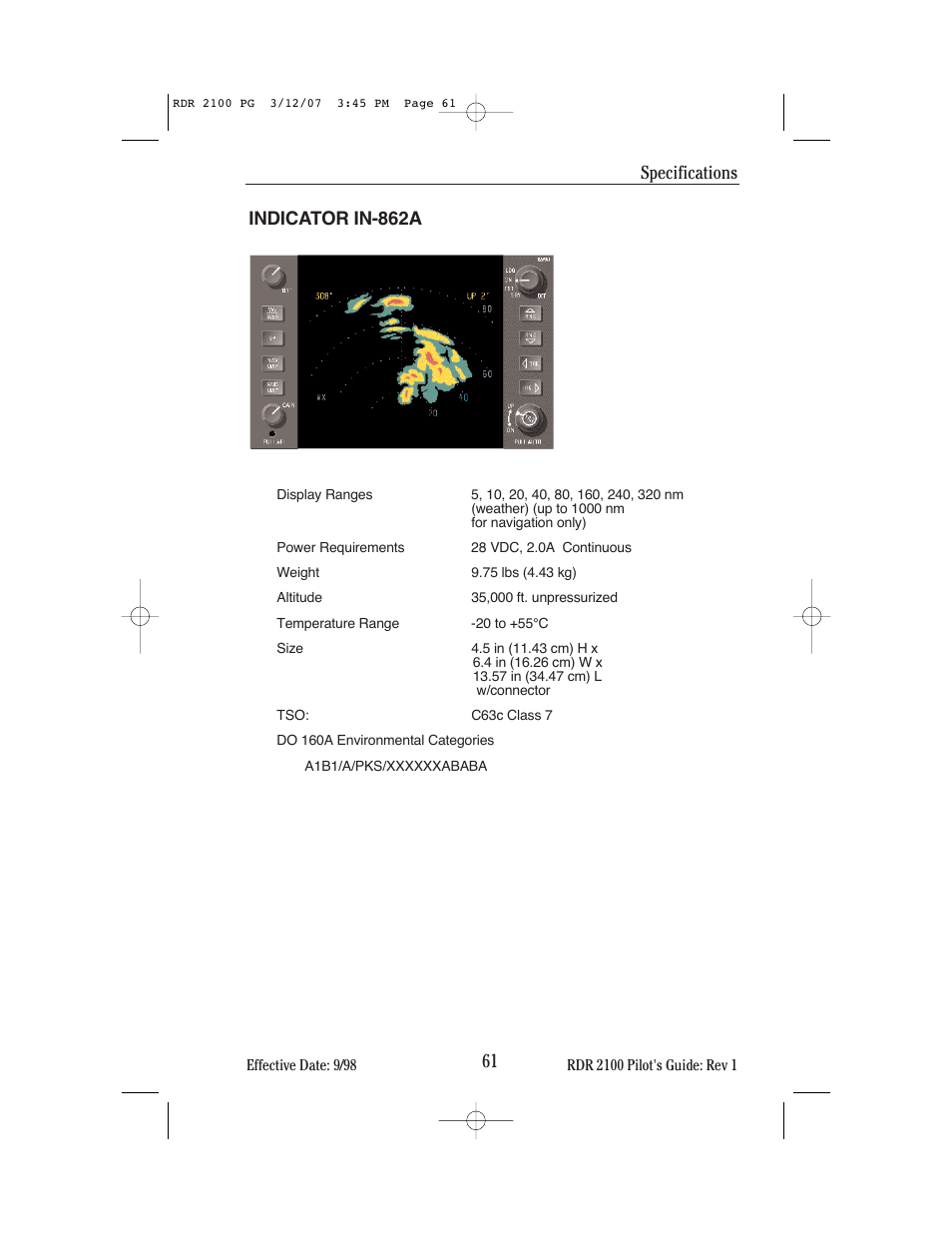 Specifications | BendixKing IN-862A System RDR-2100 User Manual | Page 65 / 74