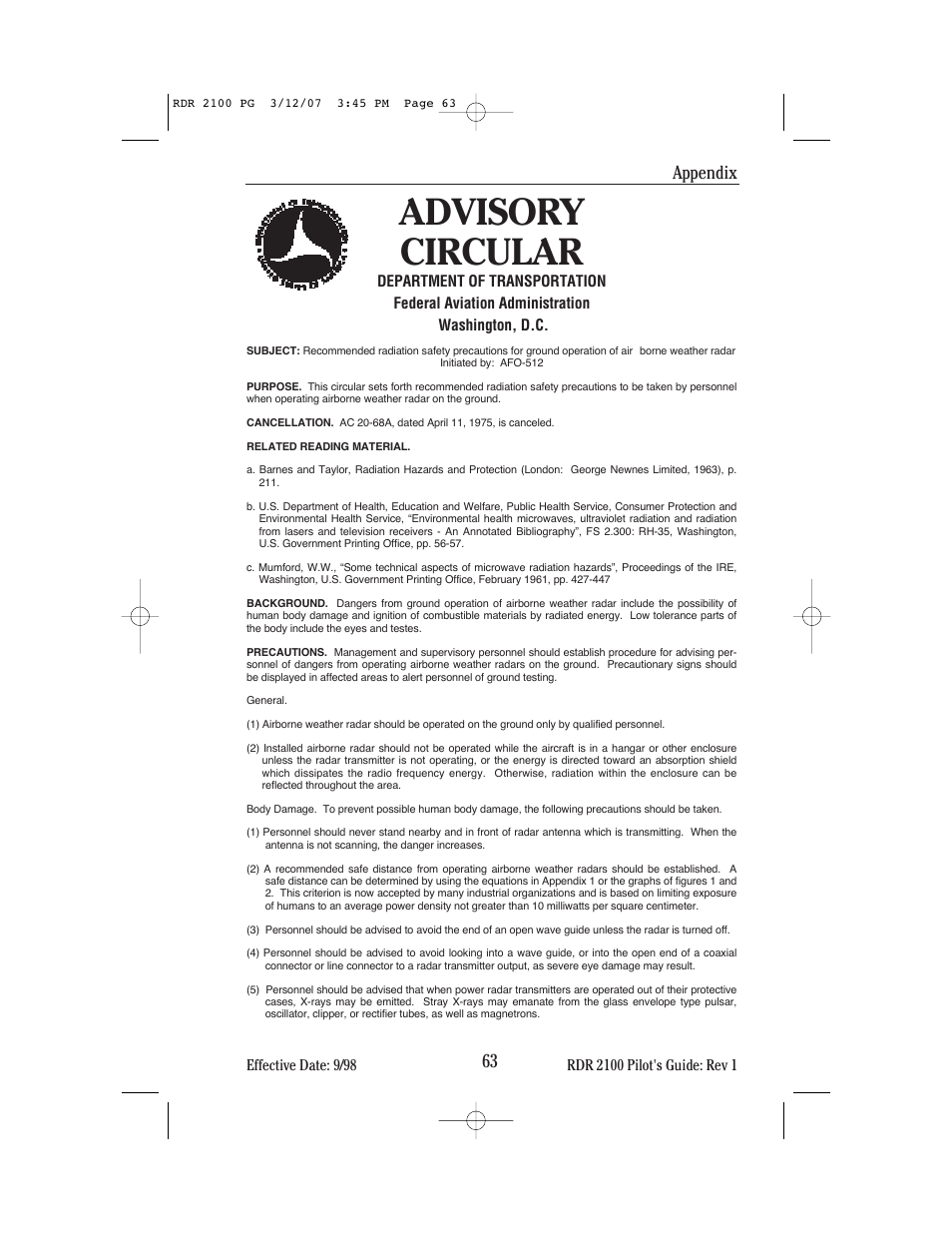 Advisory circular, Appendix | BendixKing IN-862A System RDR-2100 User Manual | Page 67 / 74