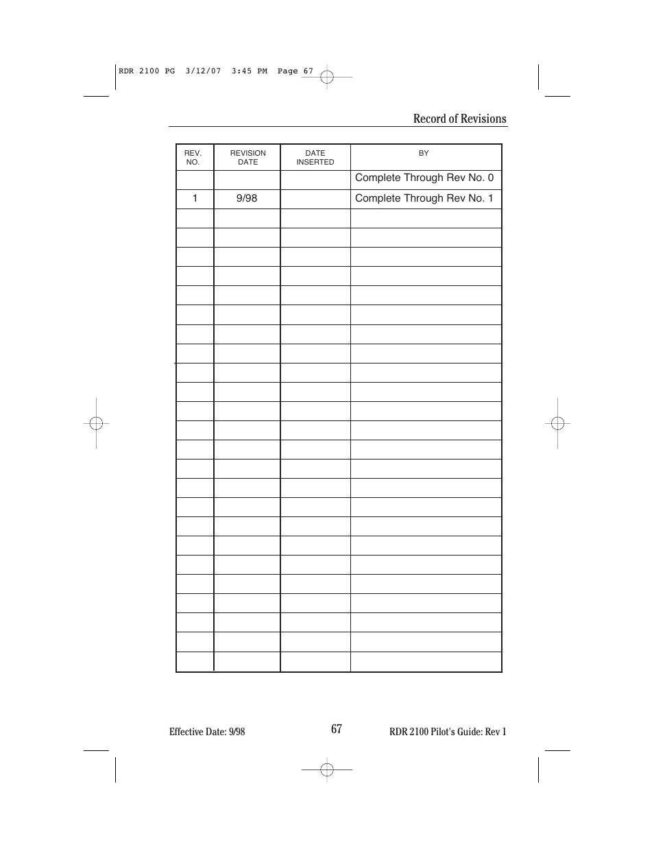 67 record of revisions | BendixKing IN-862A System RDR-2100 User Manual | Page 71 / 74