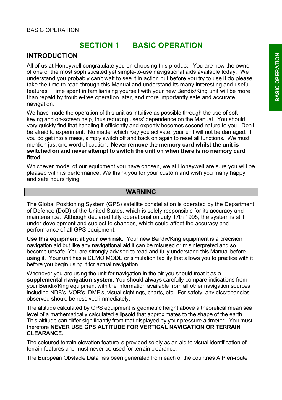 Introduction, Section 1, Basic operation | BendixKing SKYMAP IIIC User Manual | Page 10 / 155