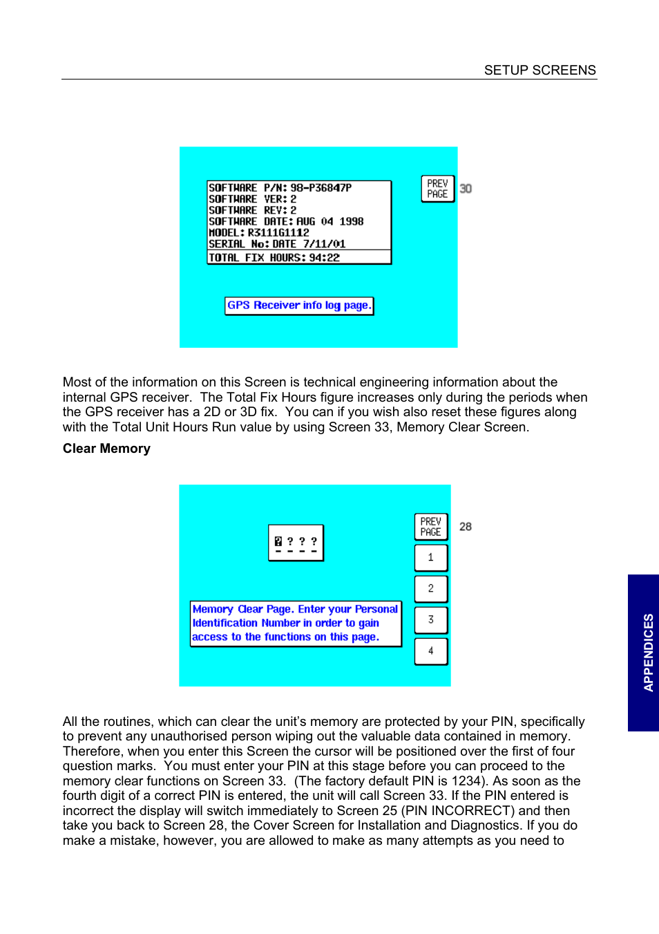 Gps receiver information log, Clear memory, Clear memory 15 | BendixKing SKYMAP IIIC User Manual | Page 112 / 155