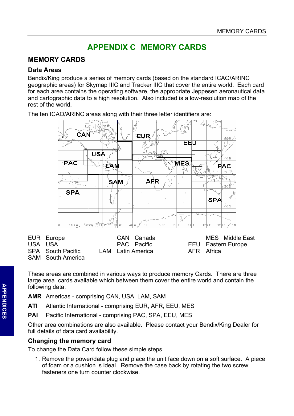 Memory cards, Data areas, Changing the memory card | Appendix c memory cards | BendixKing SKYMAP IIIC User Manual | Page 122 / 155
