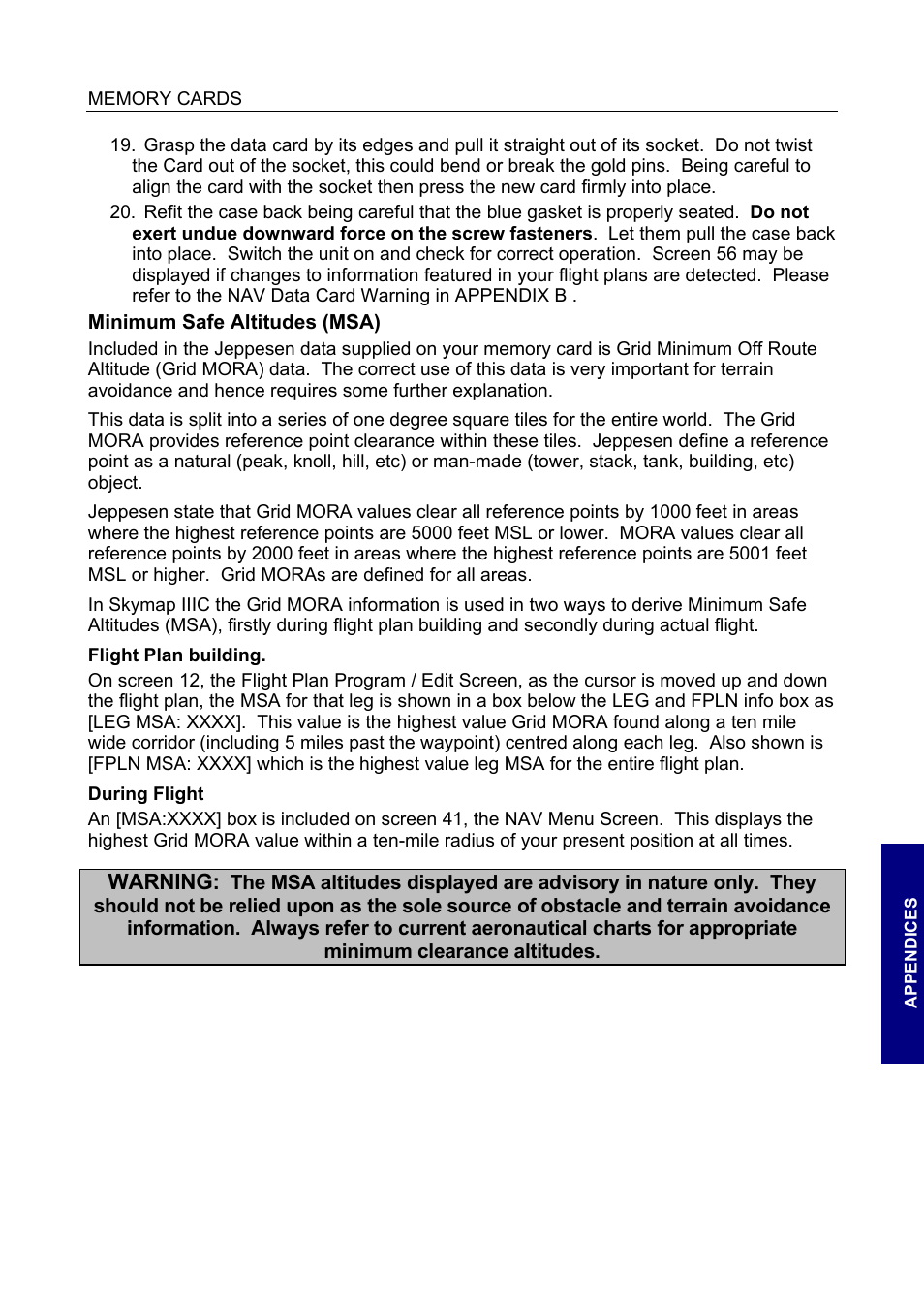 Minimum safe altitudes (msa), Flight plan building, During flight | BendixKing SKYMAP IIIC User Manual | Page 123 / 155