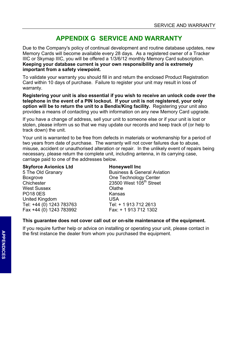 Service & warranty, Appendix g service and warranty | BendixKing SKYMAP IIIC User Manual | Page 142 / 155