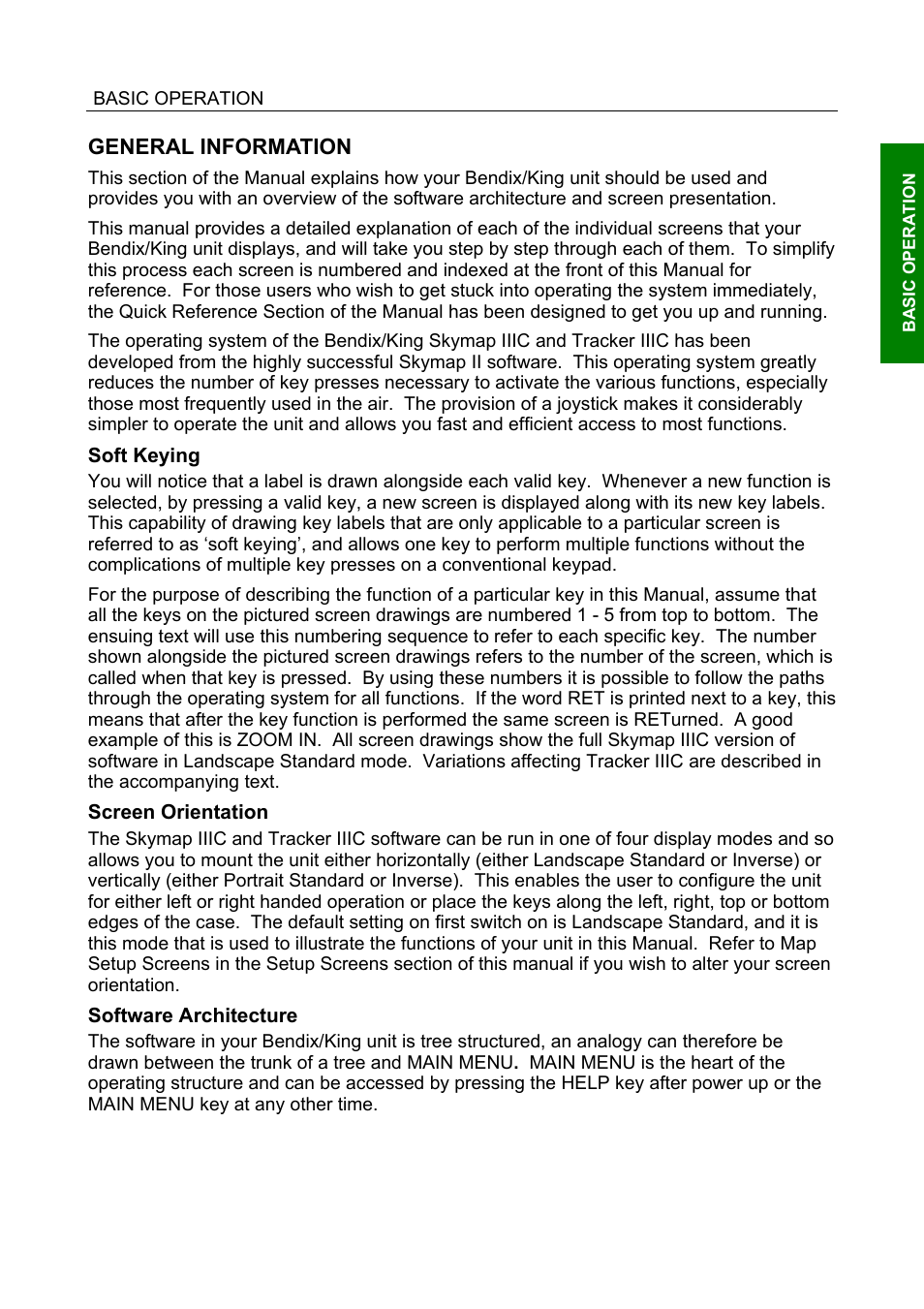 General information, Soft keying, Screen orientation | Software architecture, General information 11, Soft keying 11, Screen orientation 11, Software architecture 11 | BendixKing SKYMAP IIIC User Manual | Page 20 / 155