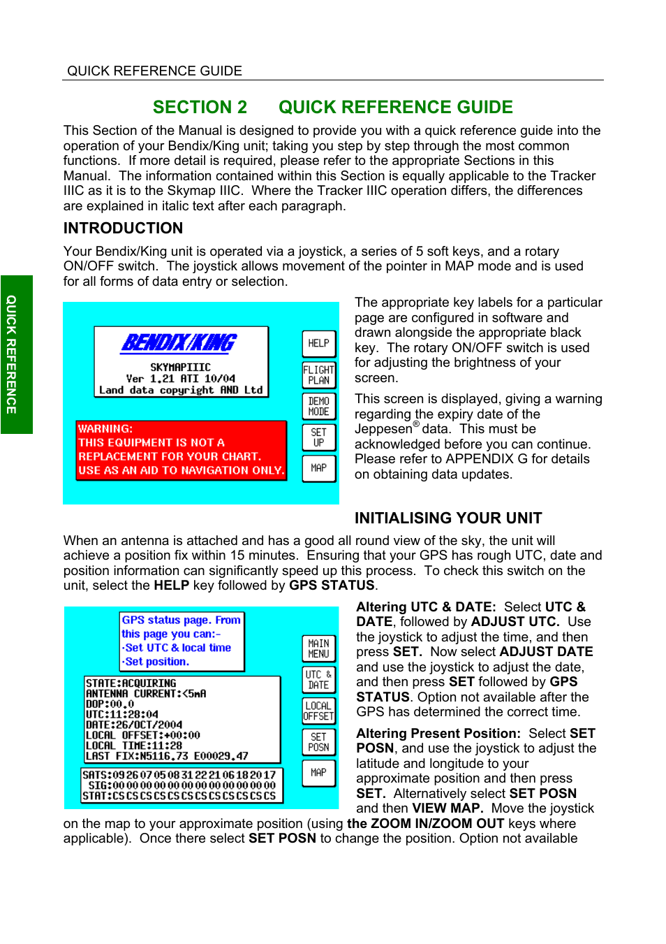 Introduction, Initialising your unit, Section 2 | Quick reference guide | BendixKing SKYMAP IIIC User Manual | Page 30 / 155