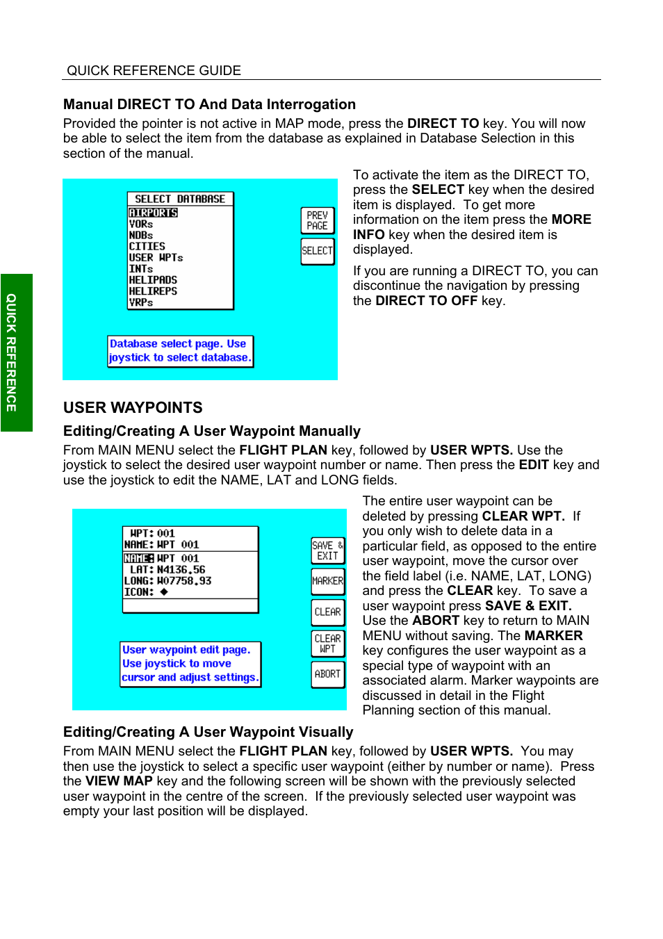 Manual direct to and data interrogation, User waypoints, Editing/creating a user waypoint manually | Editing/creating a user waypoint visually | BendixKing SKYMAP IIIC User Manual | Page 34 / 155