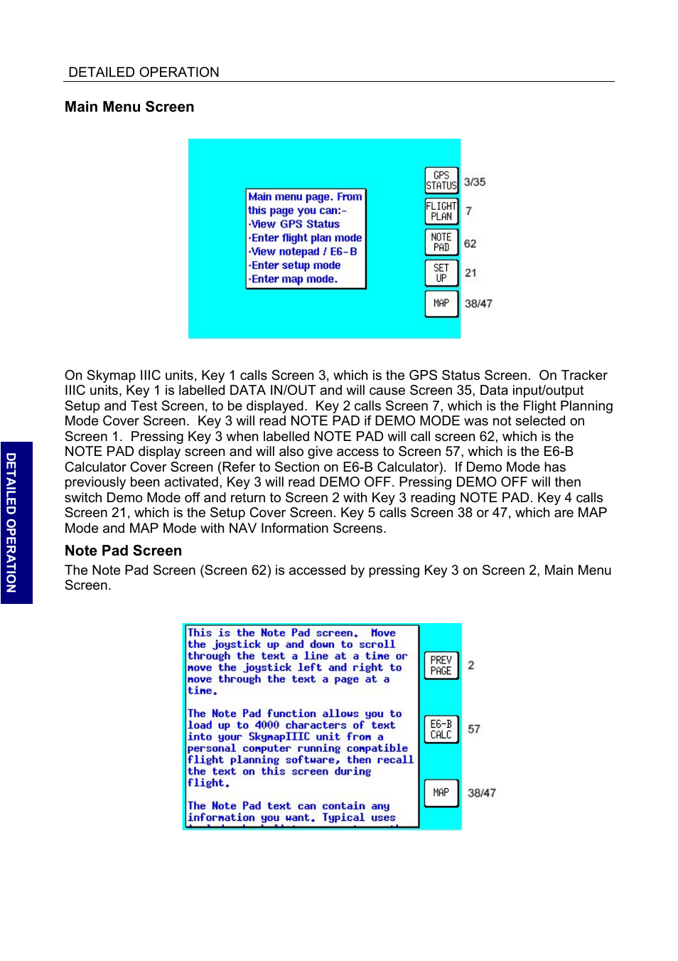 Main menu screen, Note pad screen | BendixKing SKYMAP IIIC User Manual | Page 46 / 155