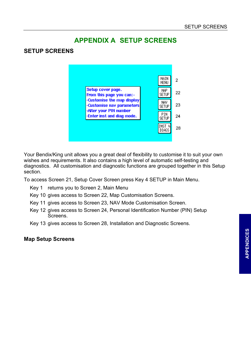 Setup screens, Map setup screens, Appendix a setup screens | BendixKing SKYMAP IIIC User Manual | Page 98 / 155