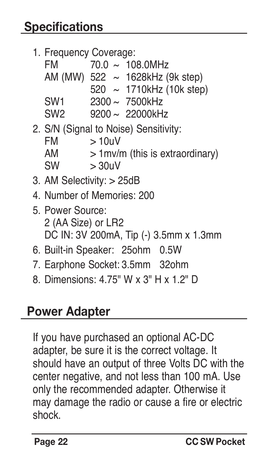 Specifications, Power adapter | C. Crane SWPR User Manual | Page 22 / 32