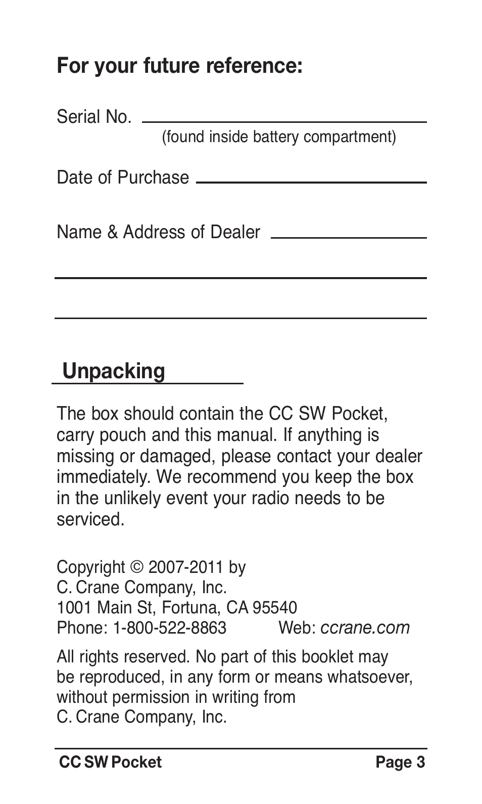 For your future reference, Unpacking | C. Crane SWPR User Manual | Page 3 / 32