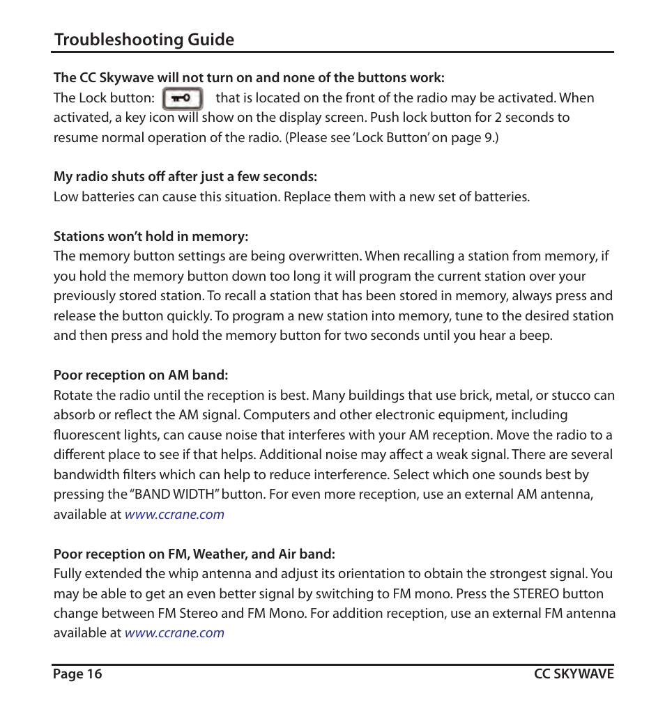 Troubleshooting guide | C. Crane SKWV User Manual | Page 16 / 20