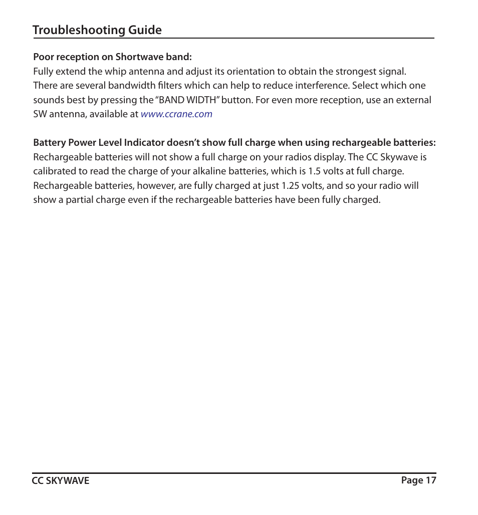 Troubleshooting guide | C. Crane SKWV User Manual | Page 17 / 20