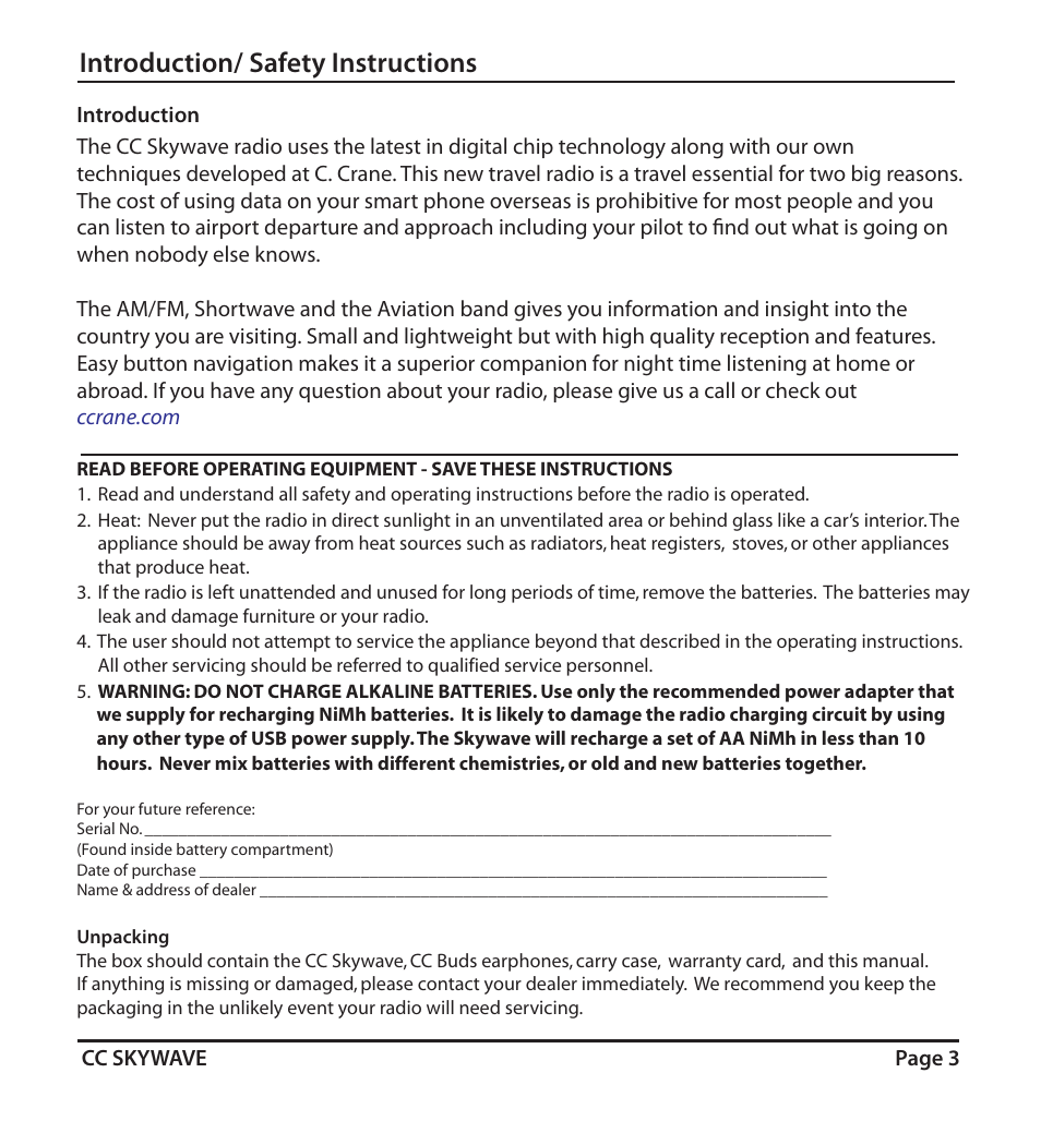 Introduction/ safety instructions | C. Crane SKWV User Manual | Page 3 / 20