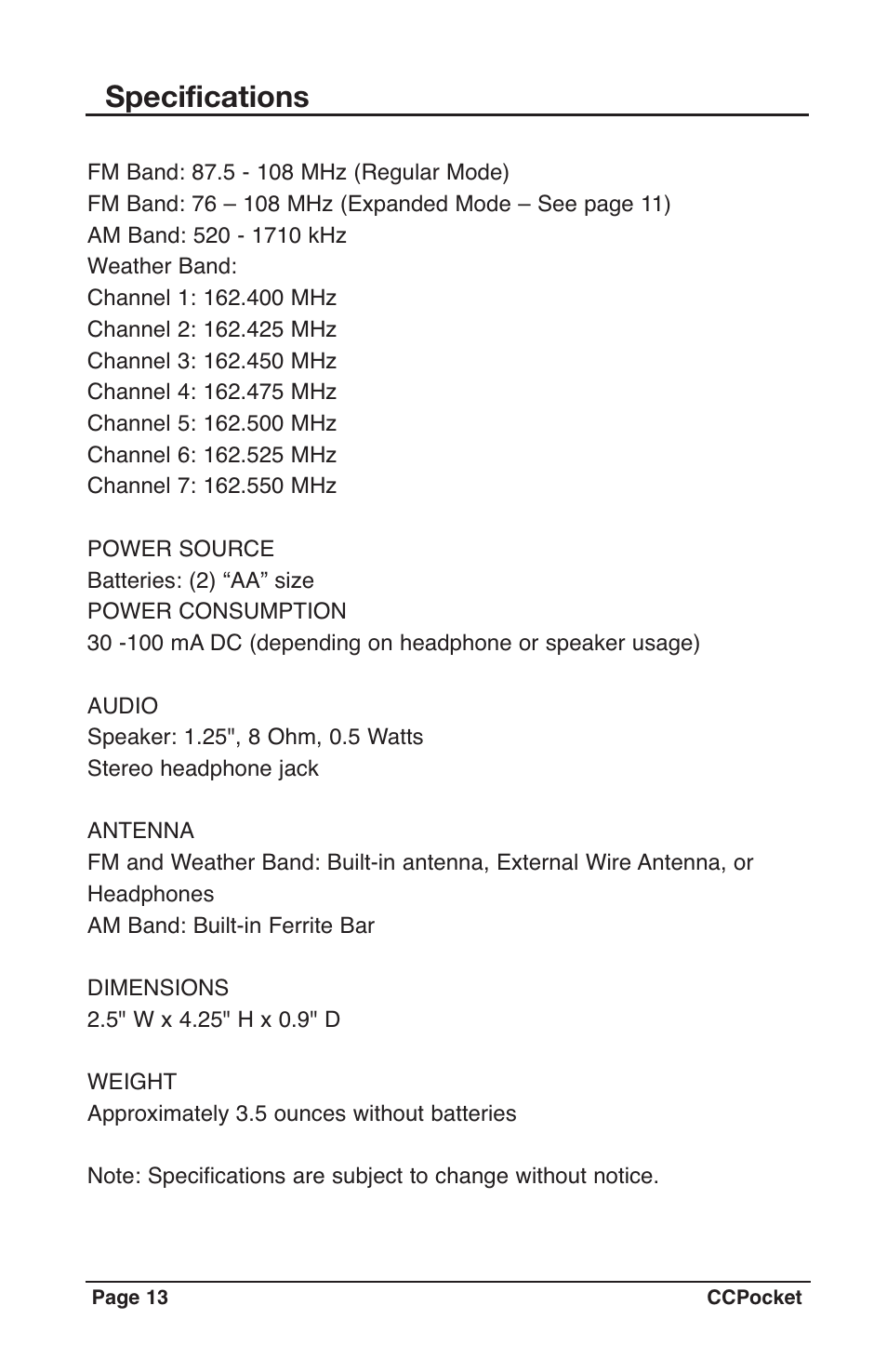 Specifications | C. Crane CCPKTR User Manual | Page 13 / 14