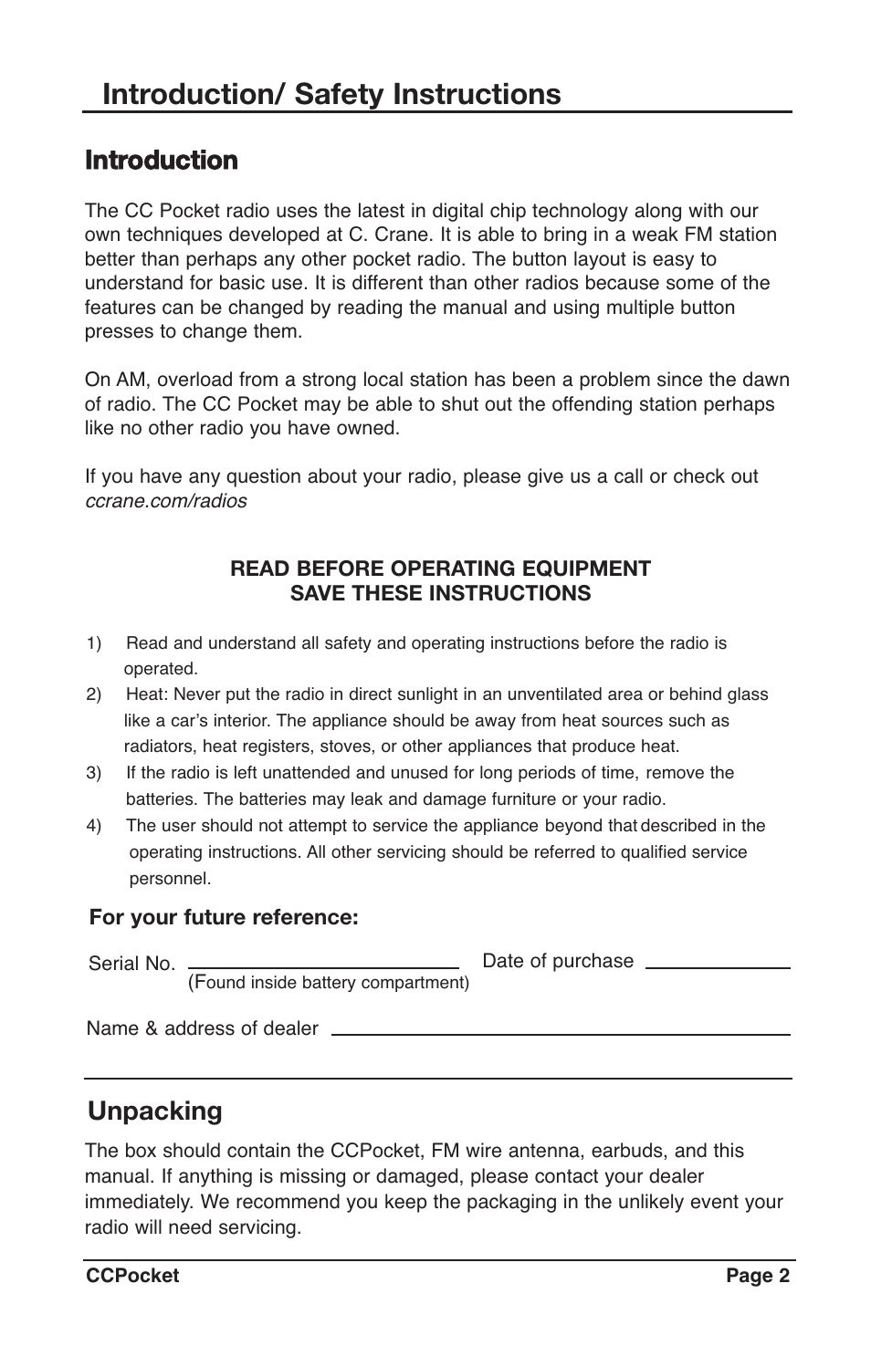 Introduction/ safety instructions, Unpacking introduction | C. Crane CCPKTR User Manual | Page 2 / 14