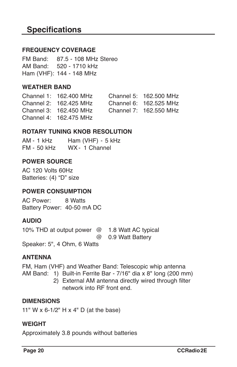 Specifications | C. Crane CC2TER User Manual | Page 20 / 32