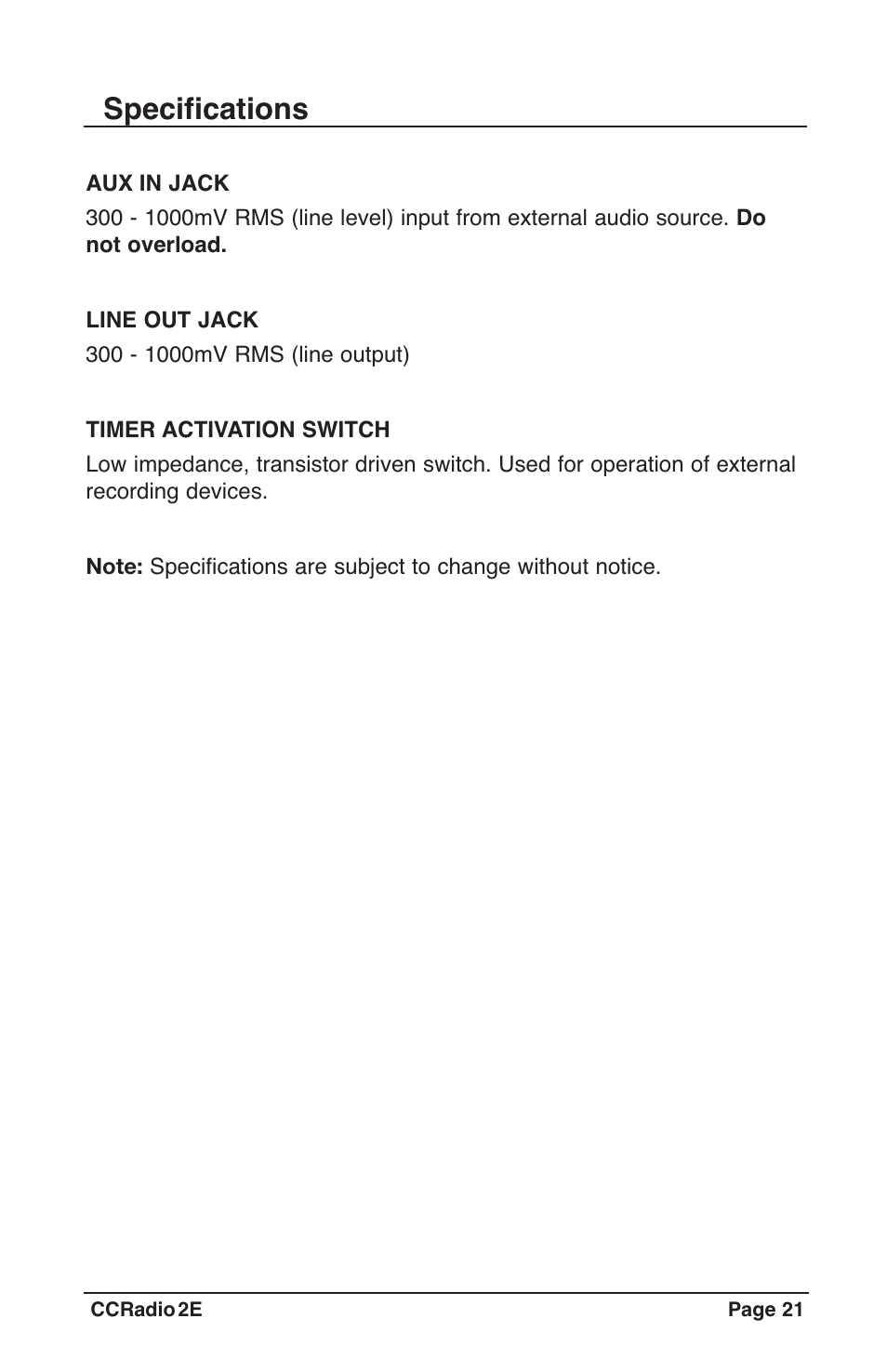 Specifications | C. Crane CC2TER User Manual | Page 21 / 32