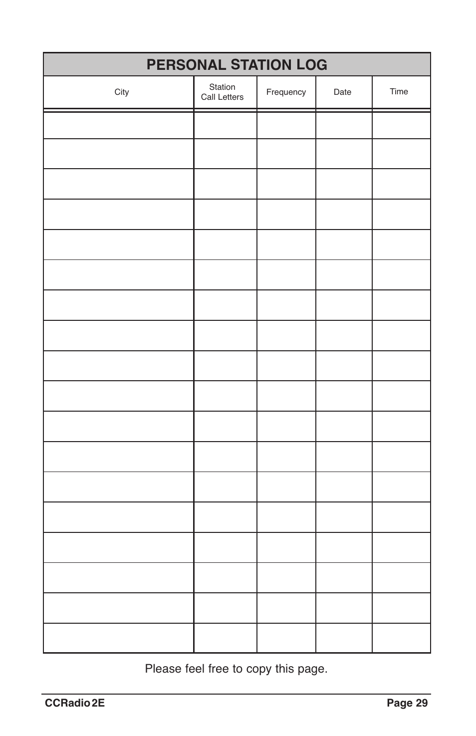 Personal station log, Please feel free to copy this page | C. Crane CC2TER User Manual | Page 29 / 32