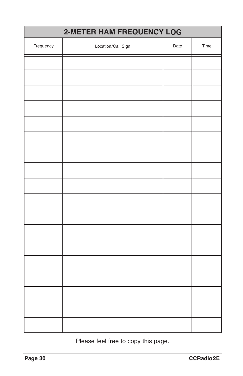 Meter ham frequency log, Please feel free to copy this page | C. Crane CC2TER User Manual | Page 30 / 32