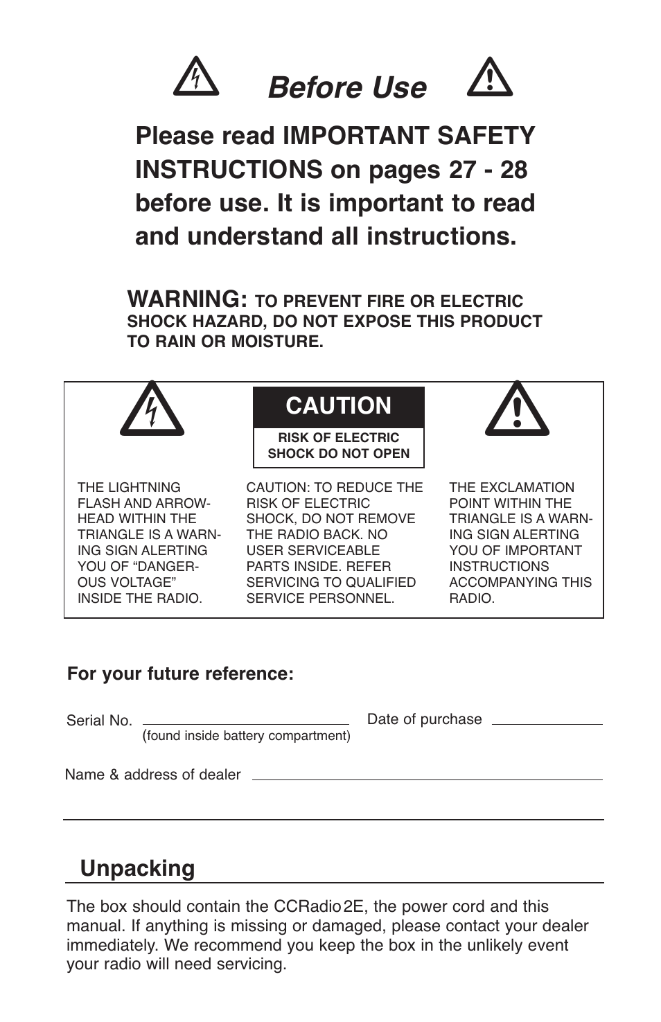 Before use, Warning, Caution | Unpacking | C. Crane CC2TER User Manual | Page 4 / 32