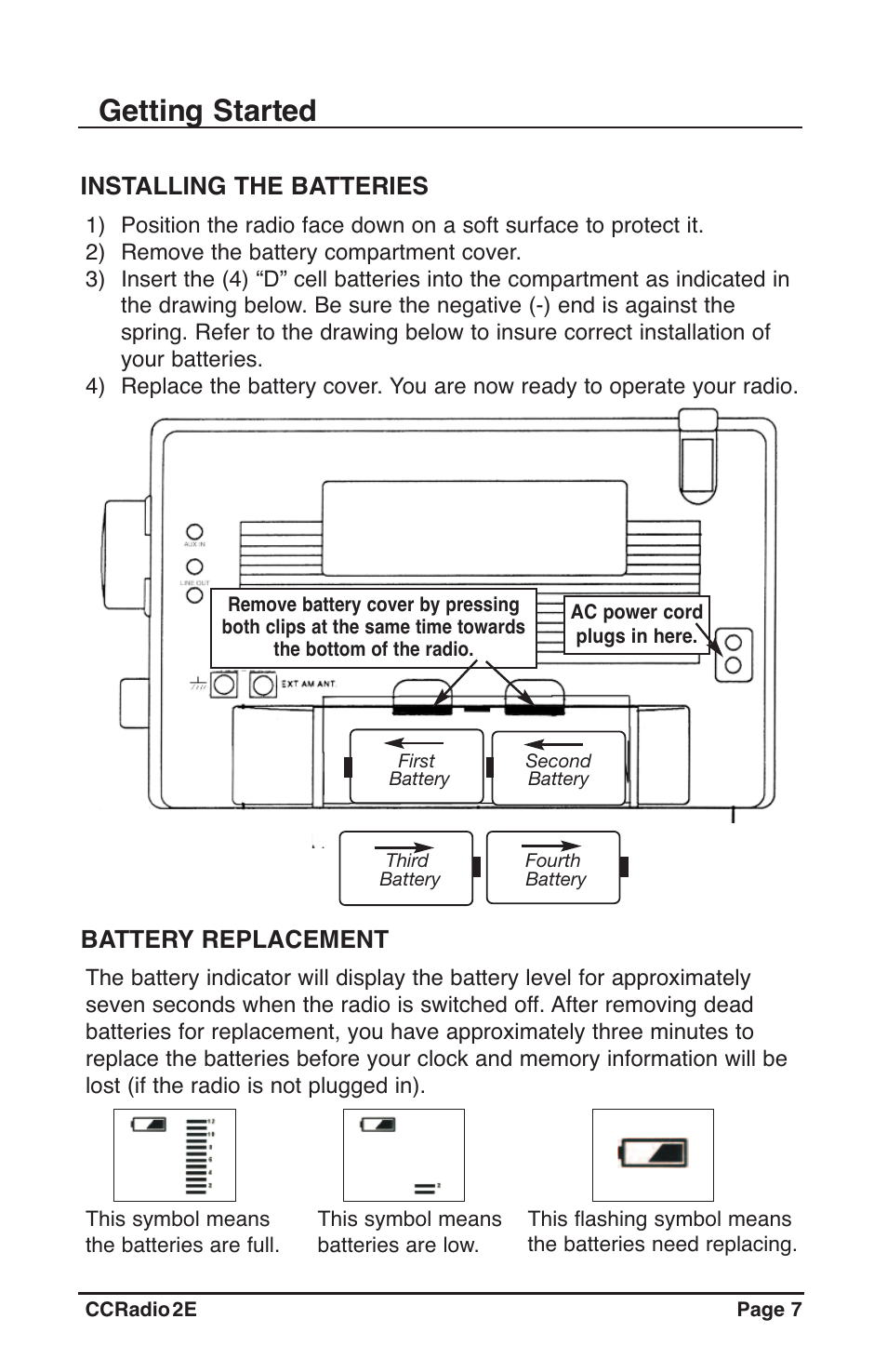 Getting started, Installing the batteries battery replacement | C. Crane CC2TER User Manual | Page 7 / 32